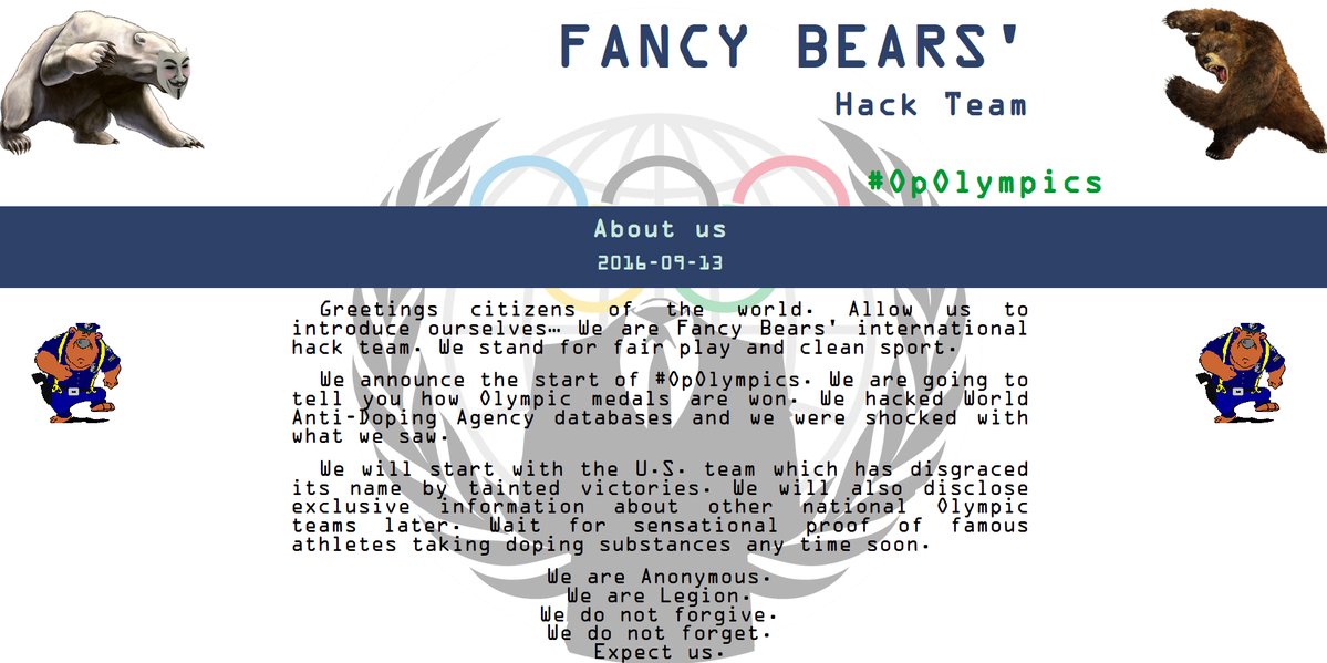 Hackers Fancy Bears claimed hack of WADA organization, and revealed docs on doping violations